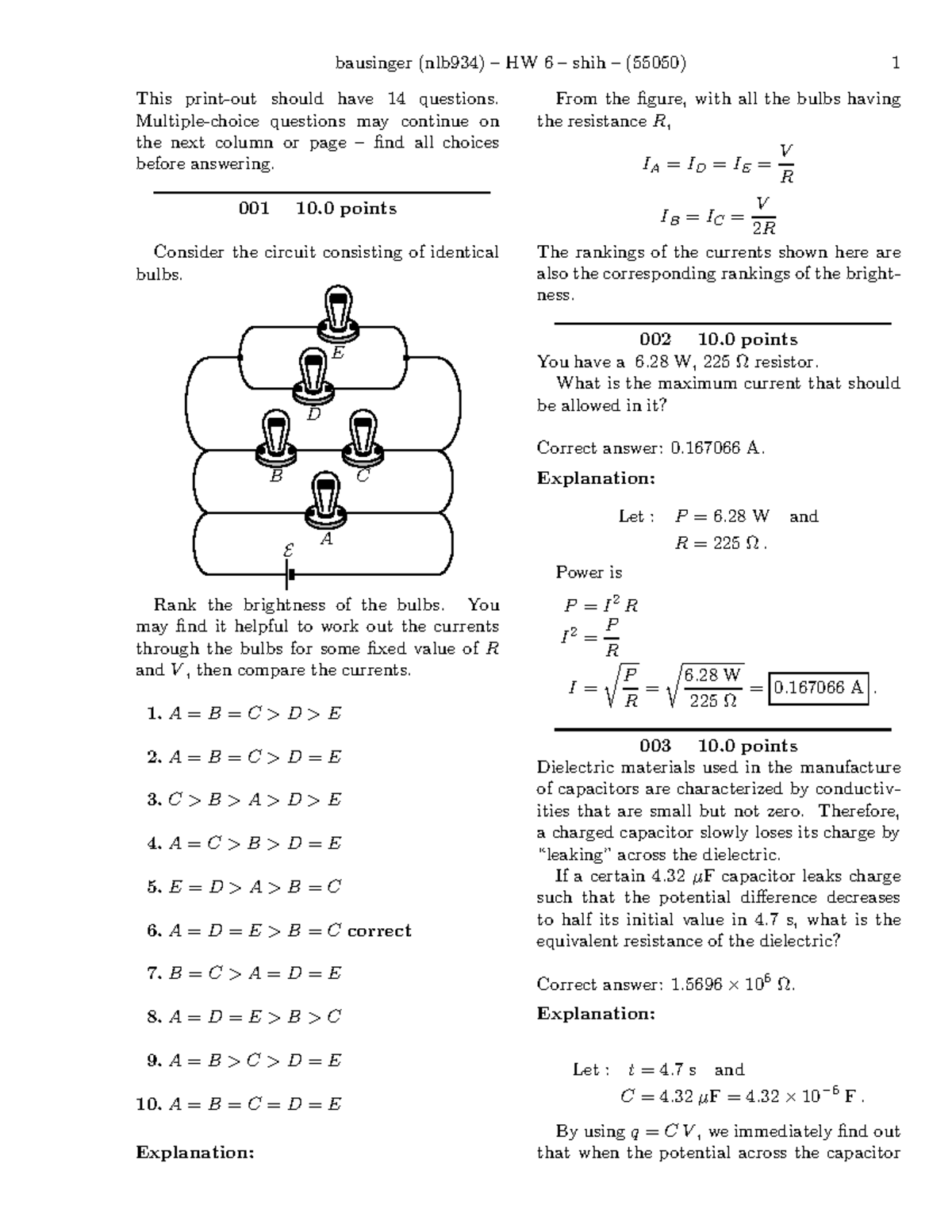 HW 6-solutions - Quest problems and solutions - Ohms Law, circuits ...