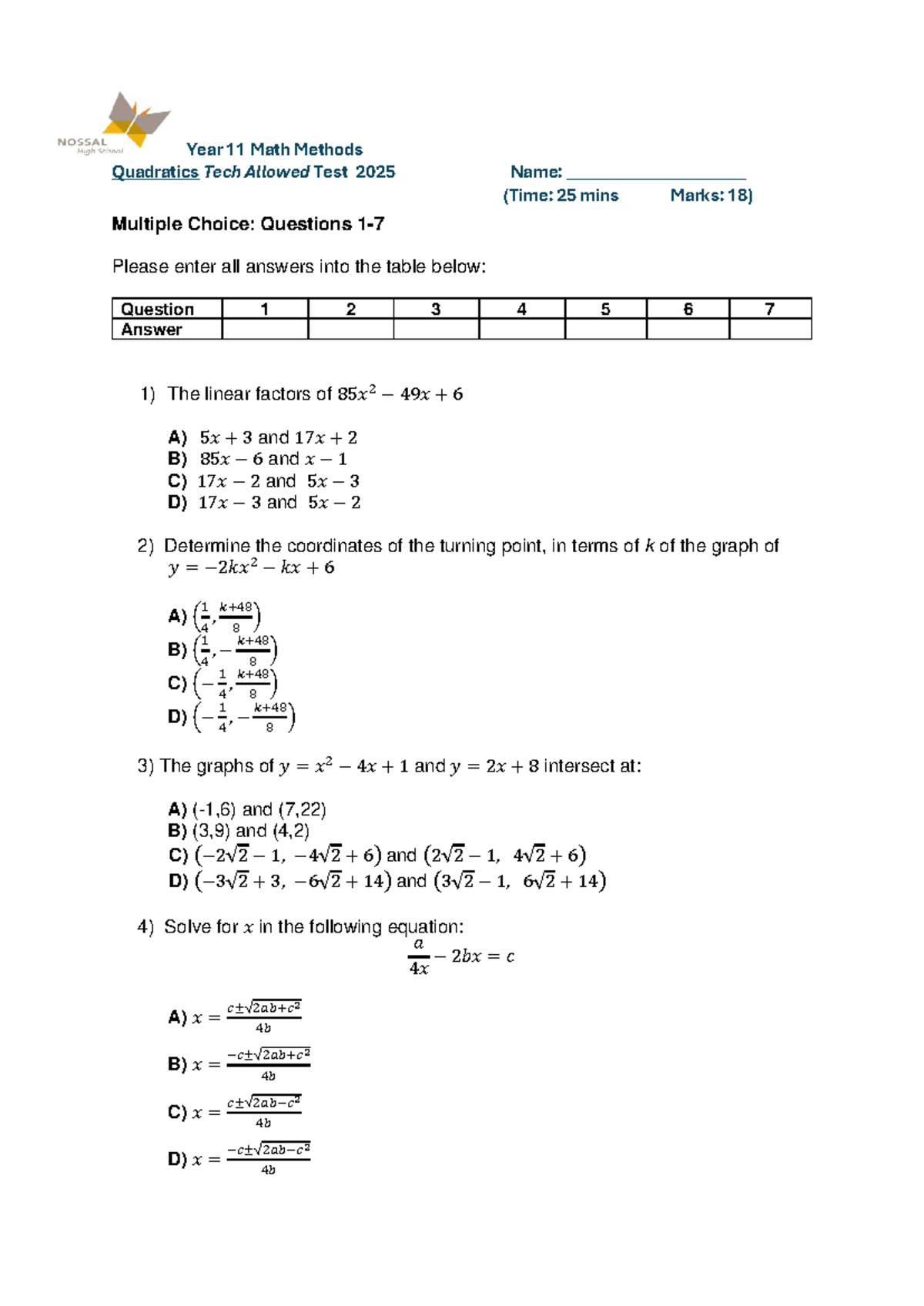 2025 Year 11 Math Methods Quadratics Test (Tech Allowed) - Studocu