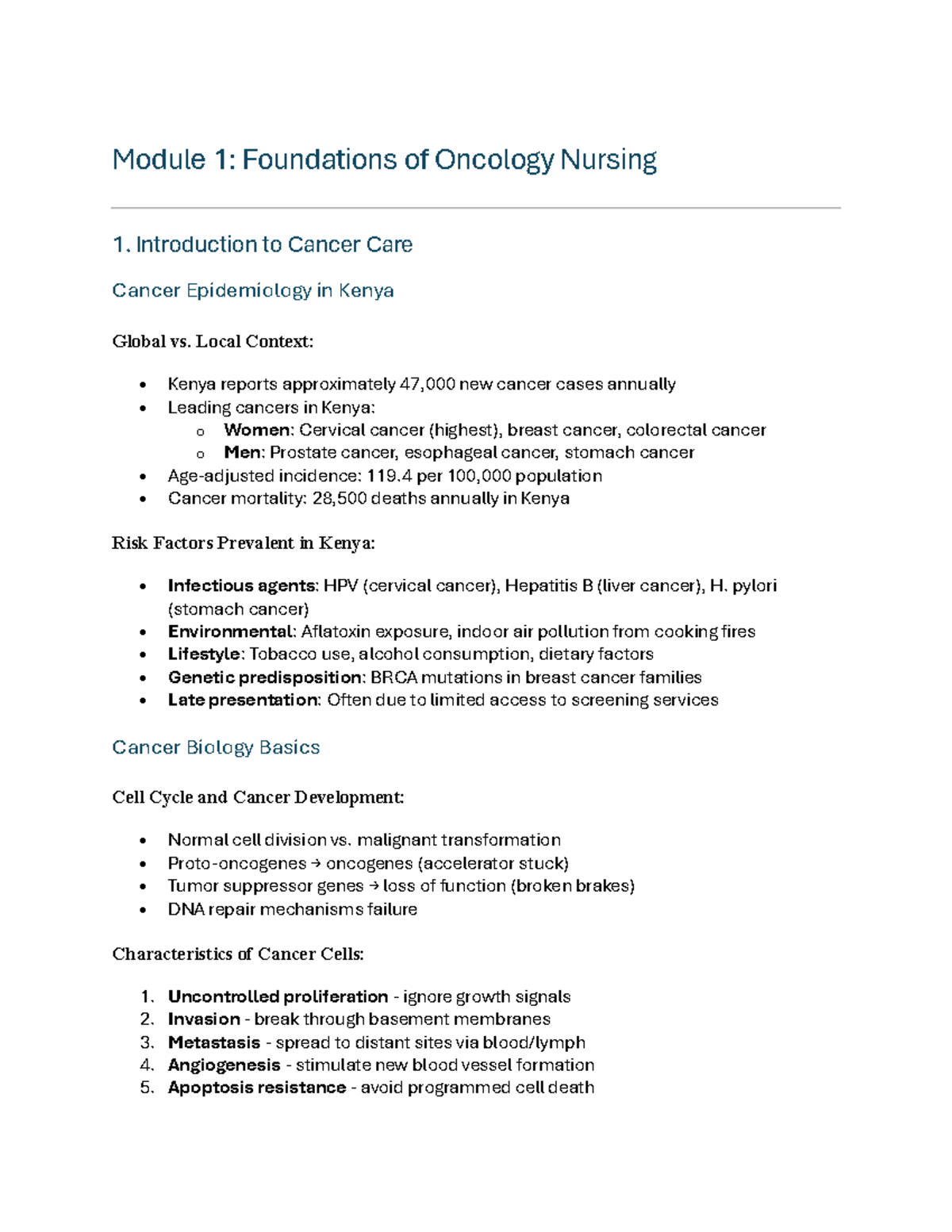 Oncology Nursing 1: Foundations and Challenges in Cancer Care - Studocu