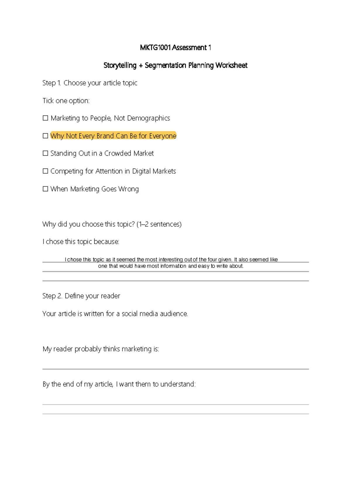 MKTG1001 Assessment 1: Storytelling & Segmentation Planning Worksheet ...