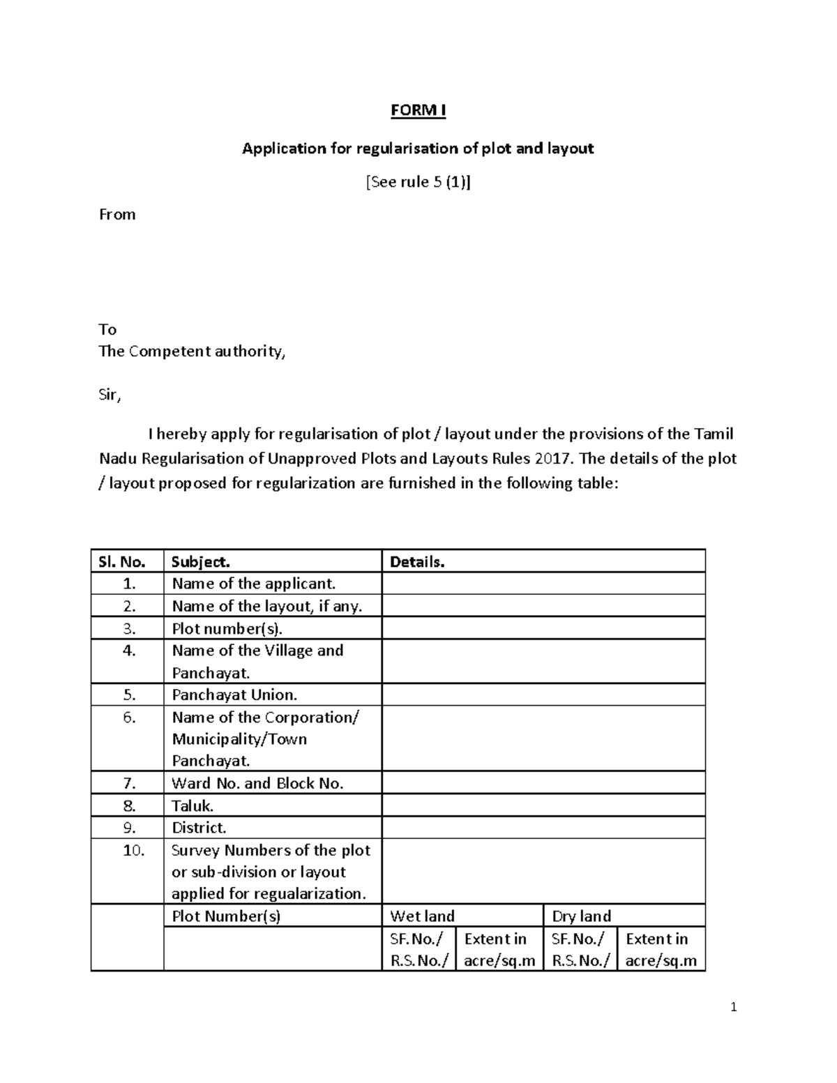 FORM I Application for Regularisation of Plot Layout - TN Rules 2017 ...