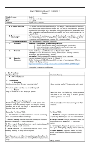 Daily Lesson Plan in English 9: Conditionals in Expressing Arguments ...
