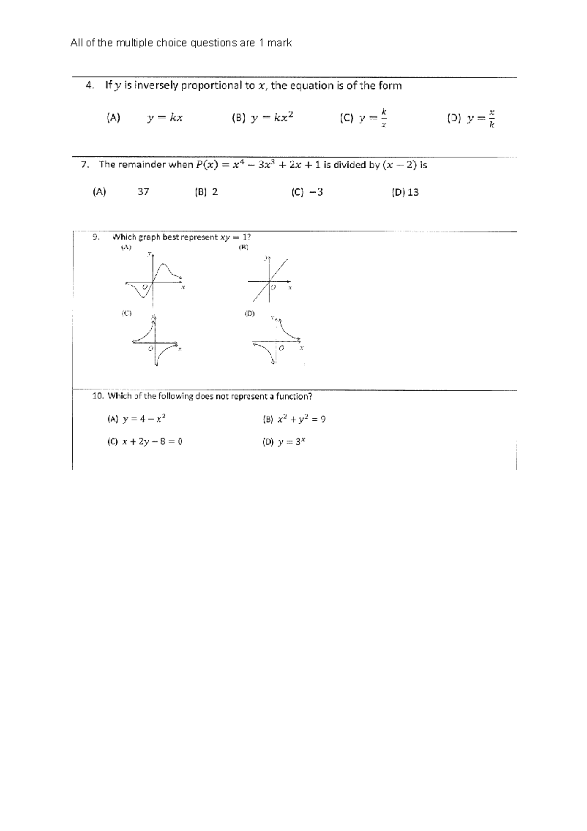 Mock Test for Polynomials and Functions (Year 10) - Studocu