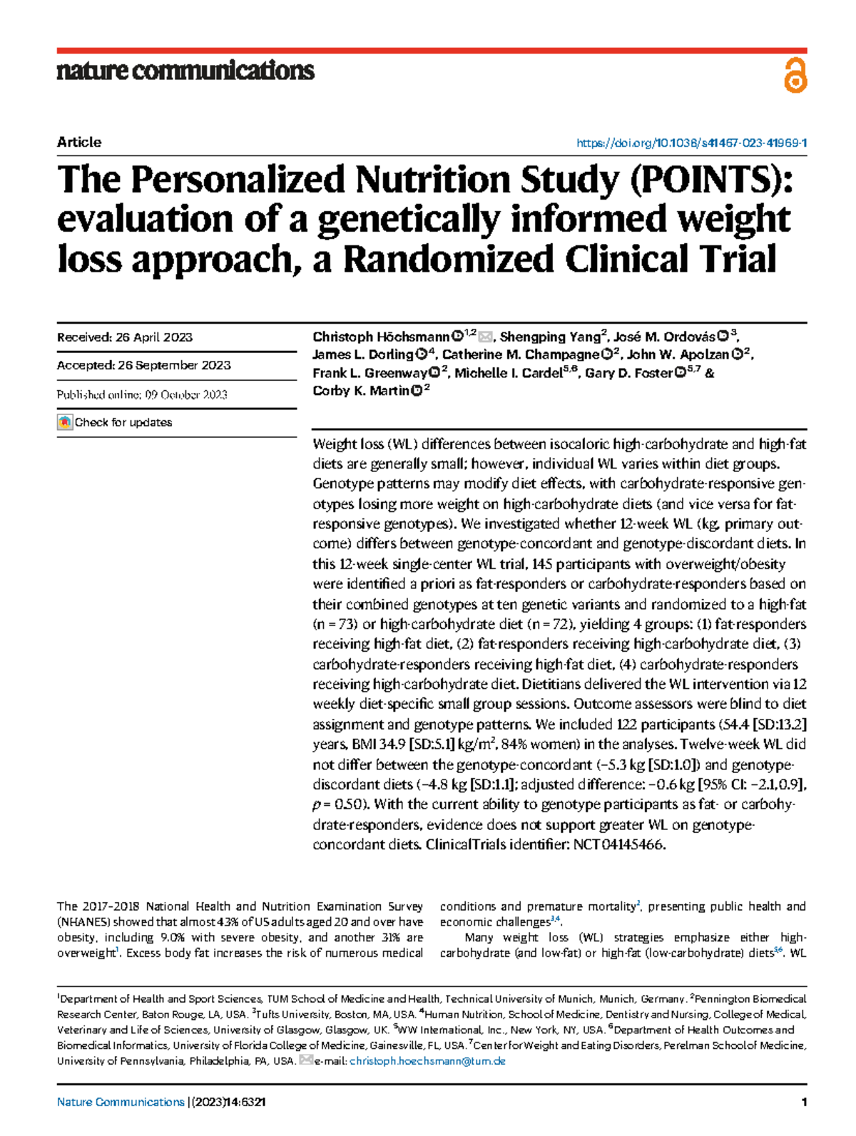 POINTS Study: Genotype-Informed Weight Loss Diets in RCT Analysis ...