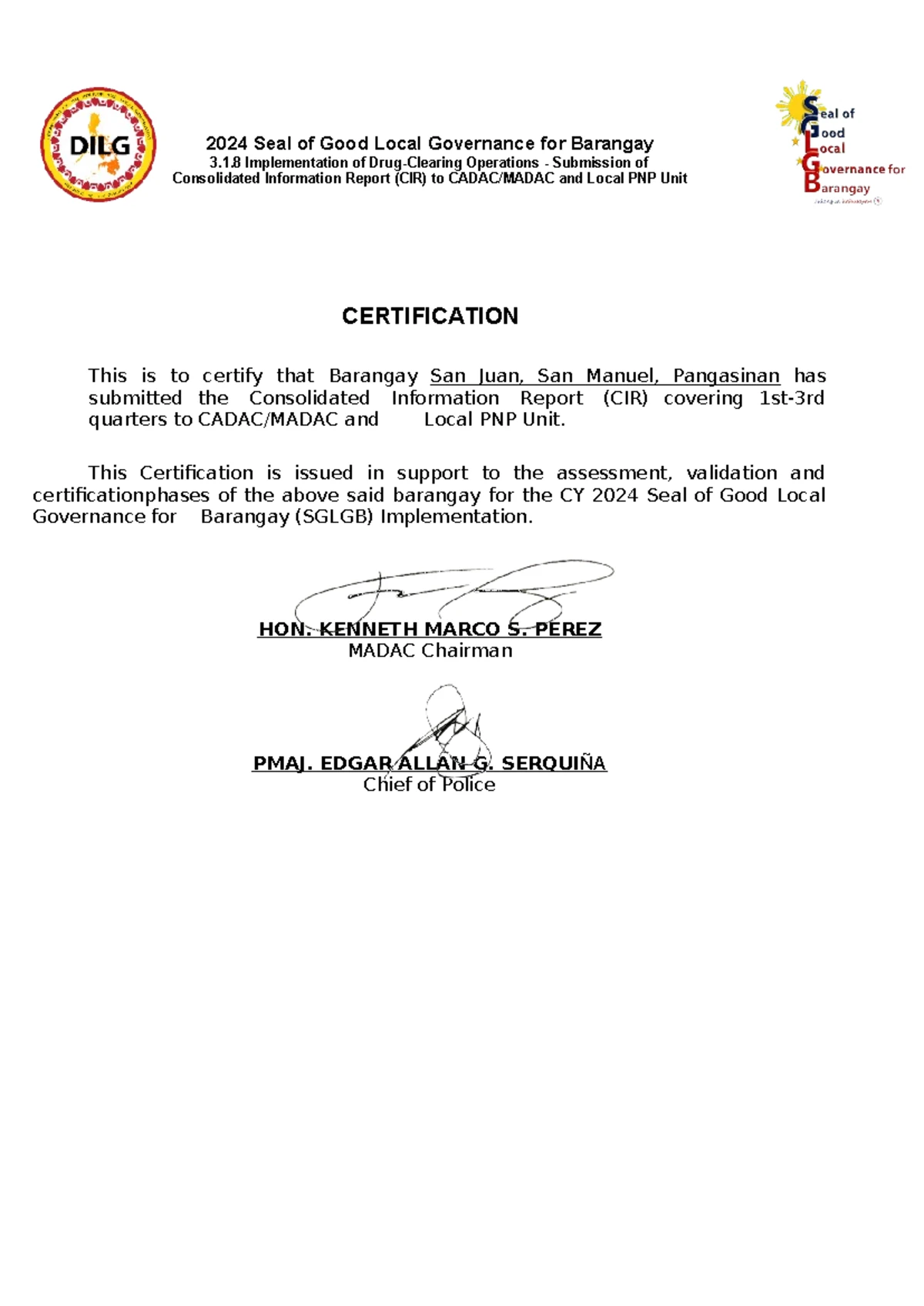 San vicente stat cert - sample - 2024 Seal of Good Local Governance for ...