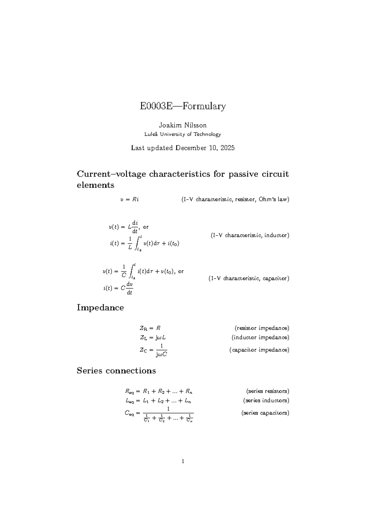 E0003 Passive Circuit Elements Characteristics and Formulas - Studocu