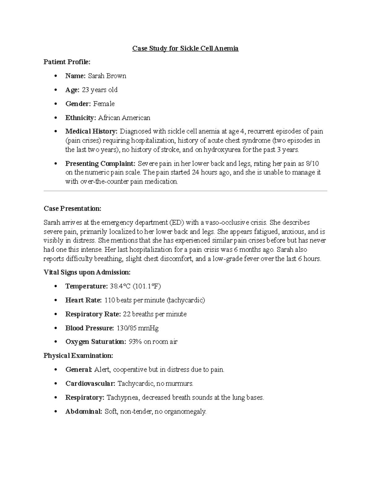 Case Study: Sickle Cell Anemia Patient Profile (Sarah Brown) - Studocu