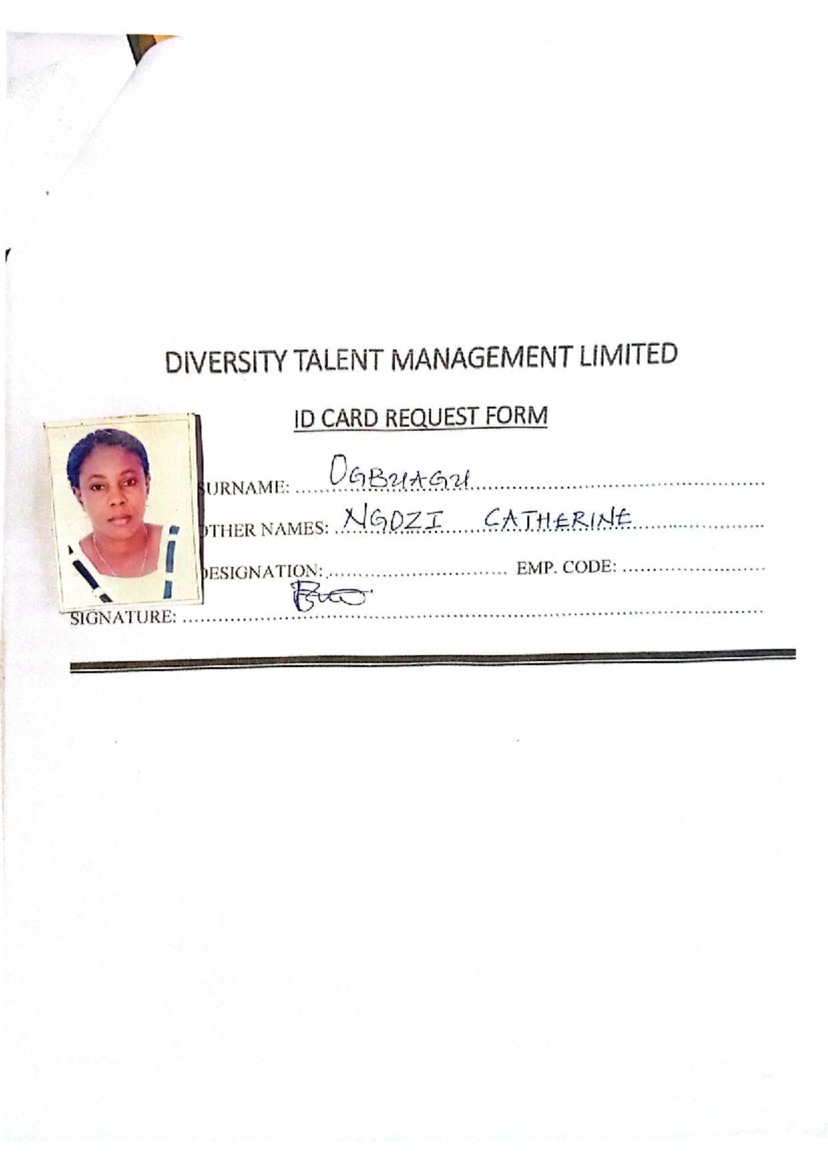 Diversity Talent Management Limited ID Card Request Form - 2025 - Studocu