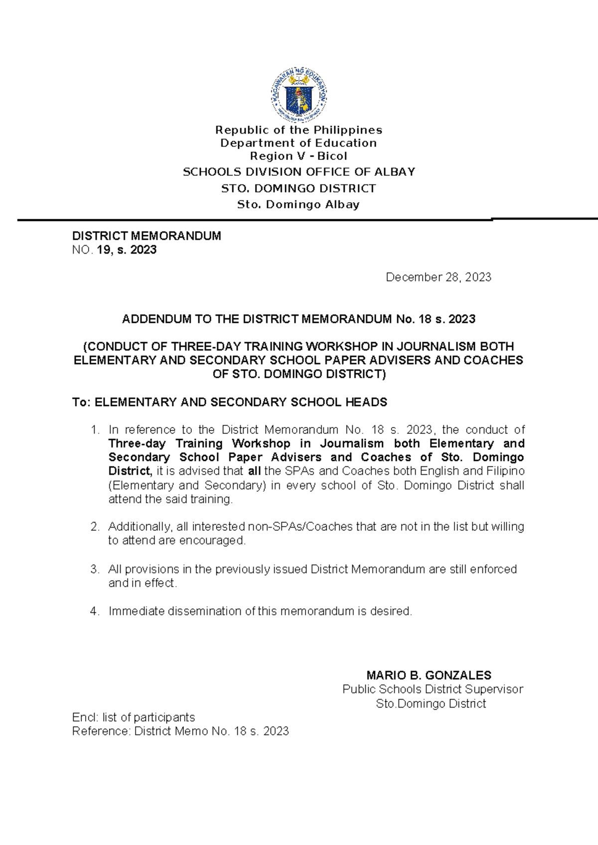 Addendum to District Memo 19 s. 2023: Training Workshop in Journalism ...