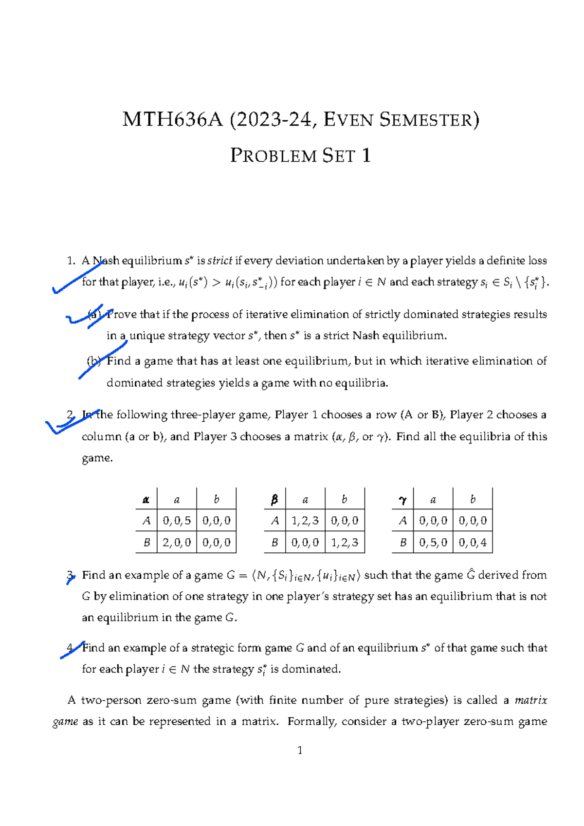 MTH636A - Problem Set 1 on Game Theory Analysis and Equilibrium - Studocu