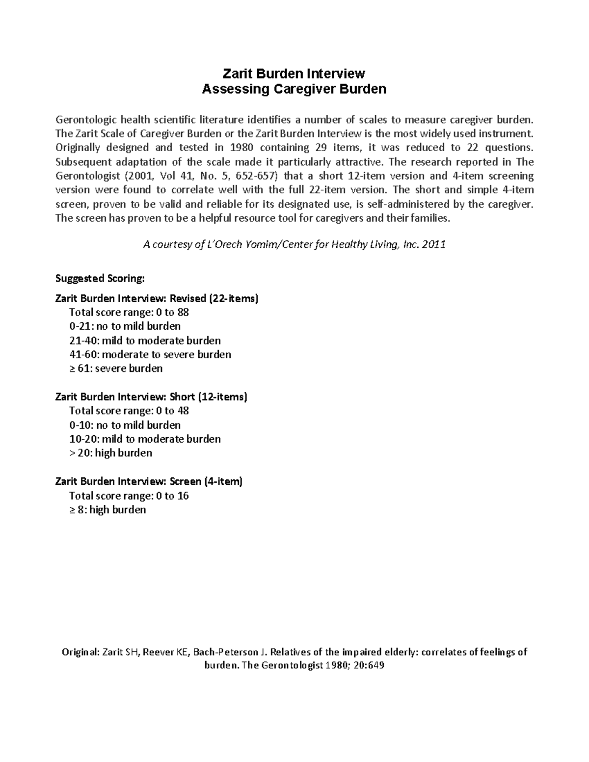 Zarit Caregiver Burden Assessment: Scales & Scoring Guide - Studocu