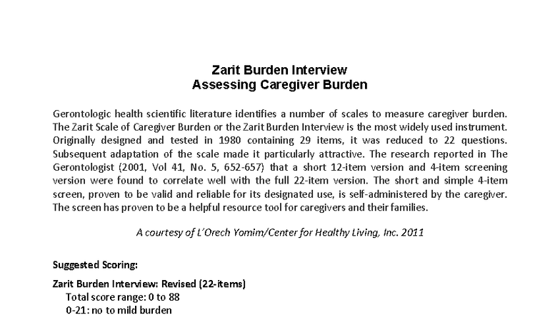 Zarit Caregiver Burden Assessment: Scales & Scoring Guide - Studocu