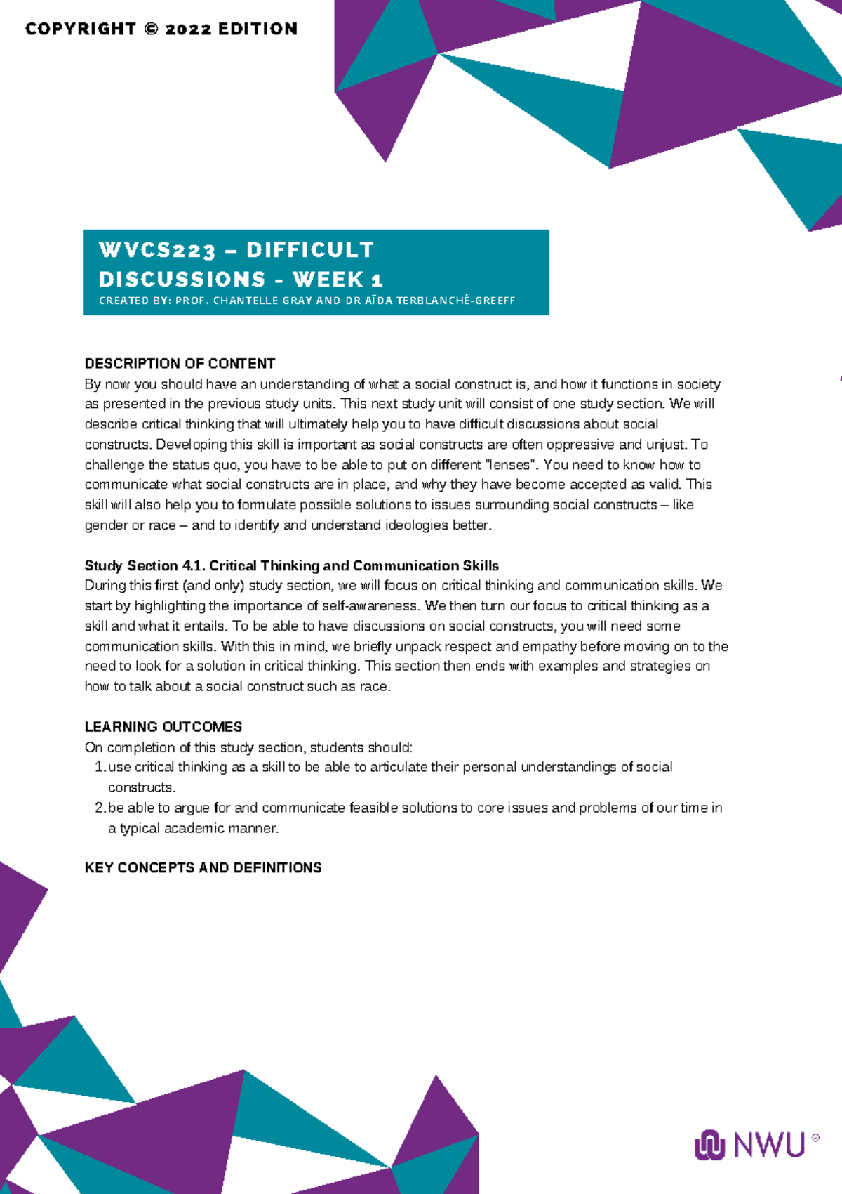 WVCS223 Difficult Discussions: Critical Thinking & Social Constructs ...
