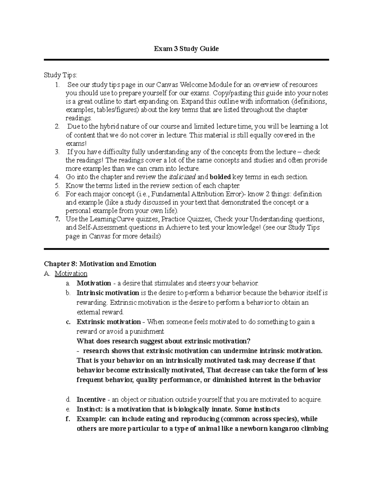 PSY 101 Exam 3 Study Guide: Key Concepts in Motivation & Emotion - Studocu