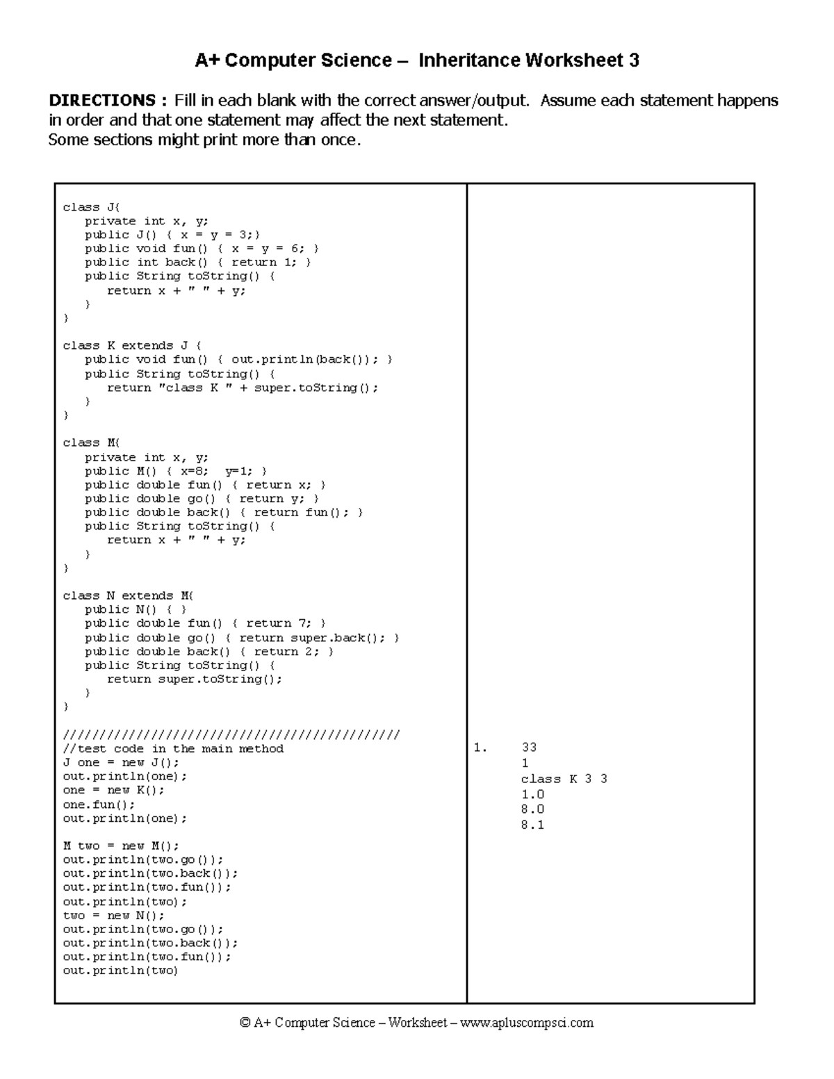 A+ Computer Science - Inheritance Worksheet 3 Java Concepts - Studocu