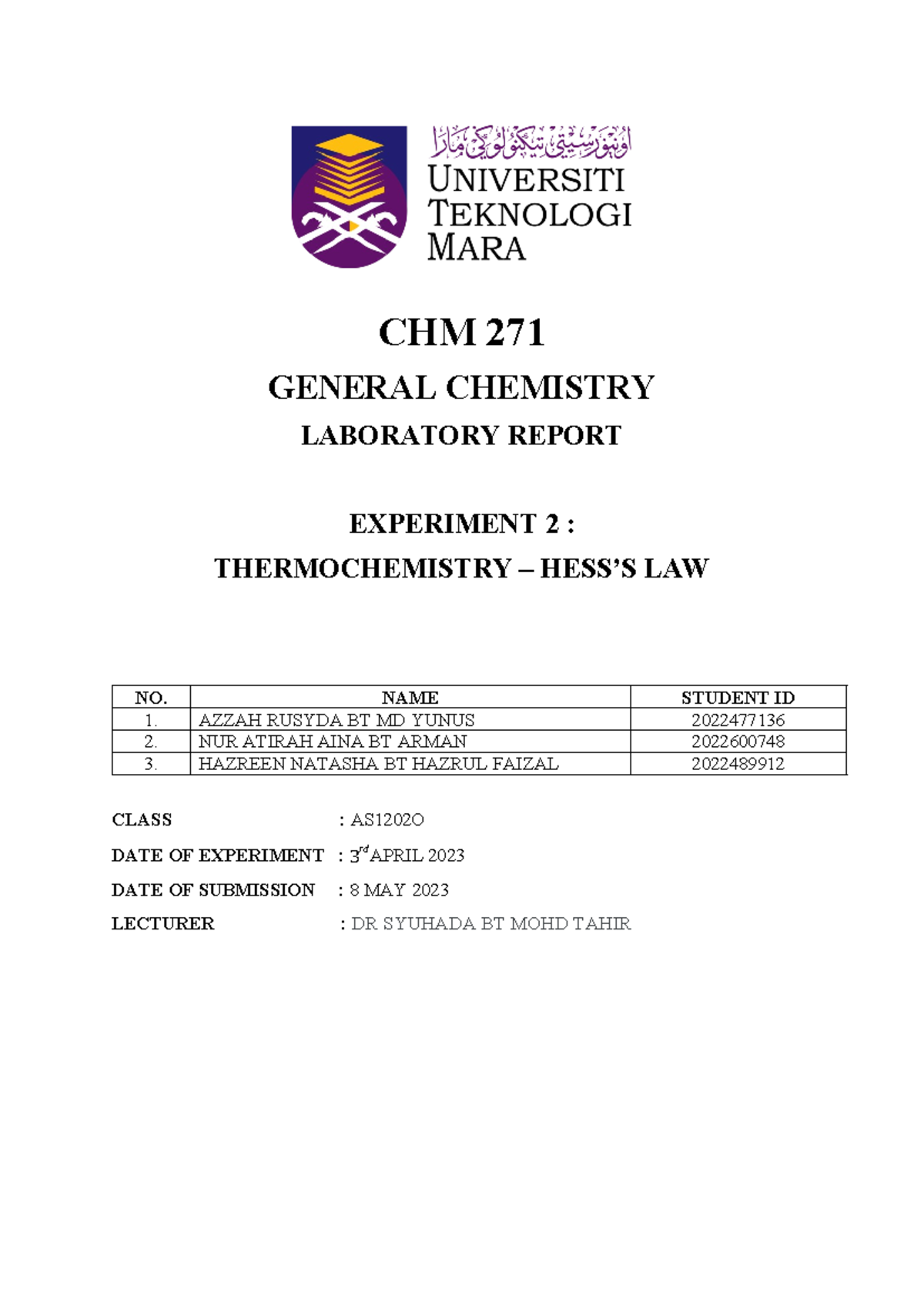 CHM 271 Lab Report EXP2: Thermochemistry and Hess's Law Analysis - Studocu