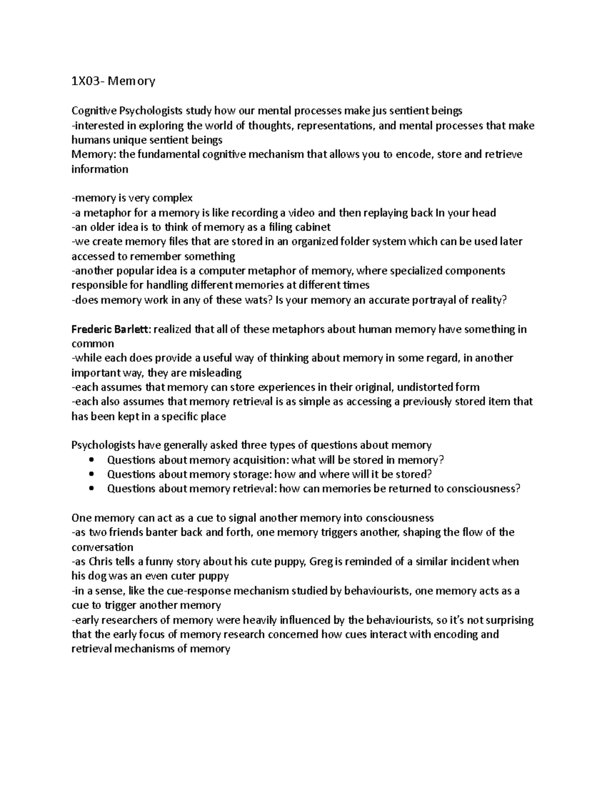 PSYCH 1X03 Final Exam Memory Notes: Understanding Memory Mechanisms ...