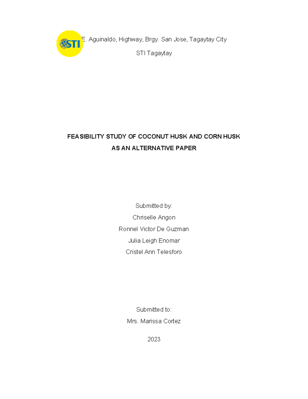 Feasibility Study on Coconut & Corn Husk as Alternative Paper (2023 ...
