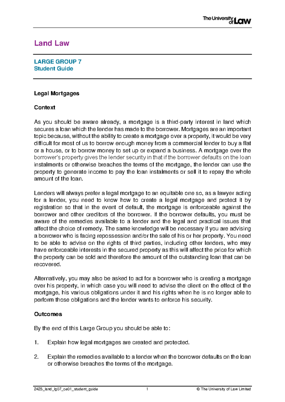 Land Law - Unit 7 - Student Guide - Land Law LARGE GROUP 7 Student ...