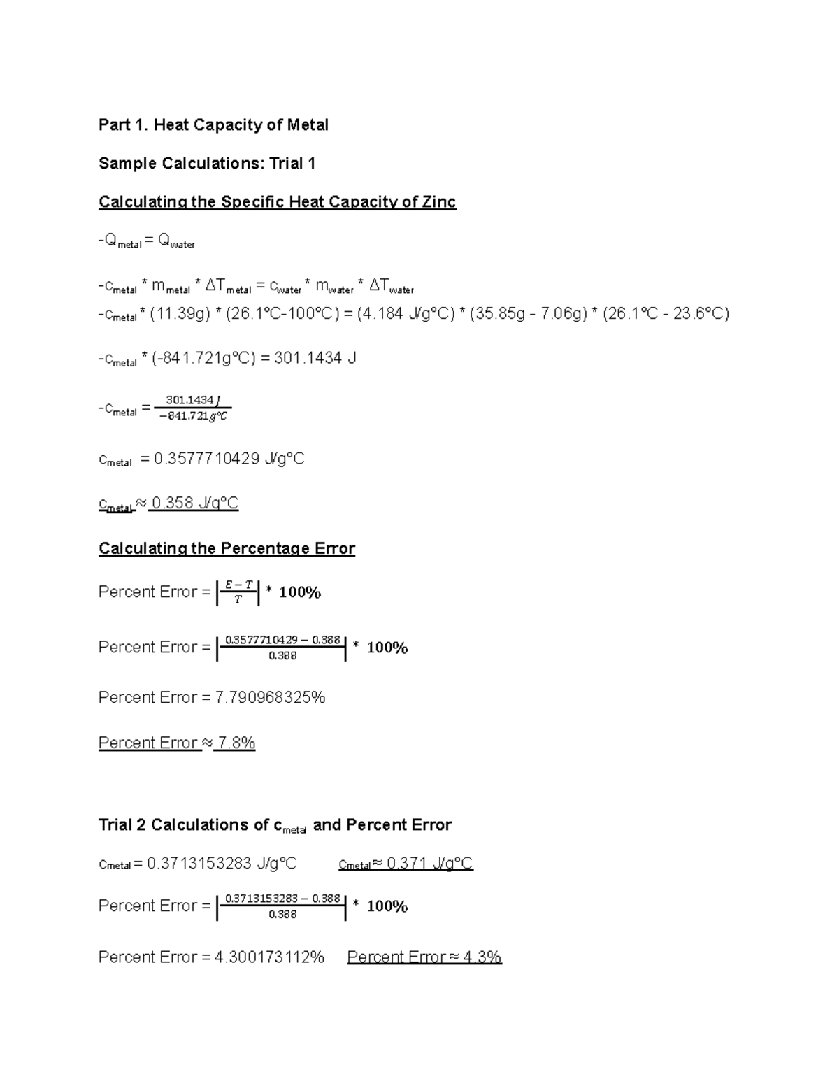 Sample Calculations for Enthalpy Lab: Metal and Salt Solutions - Studocu