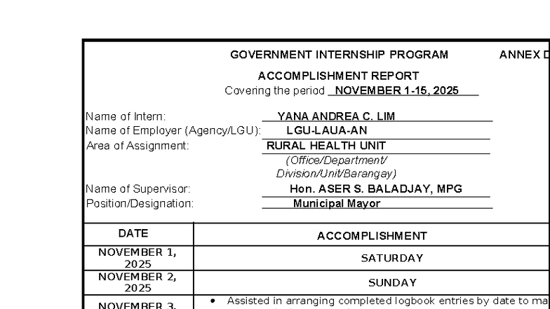 GOVERNMENT INTERNSHIP PROGRAM: ACCOMPLISHMENT REPORT (YANA LIM) - Studocu