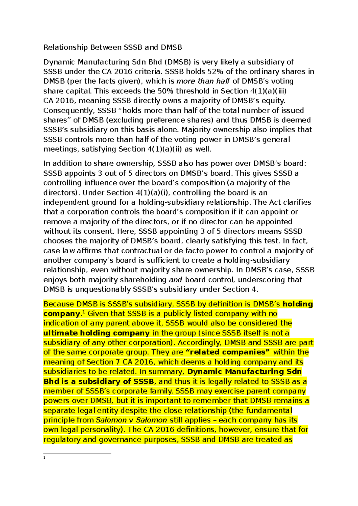 Company Law - Tuto 2: Subsidiary Status of DMSB Under CA 2016 - Studocu