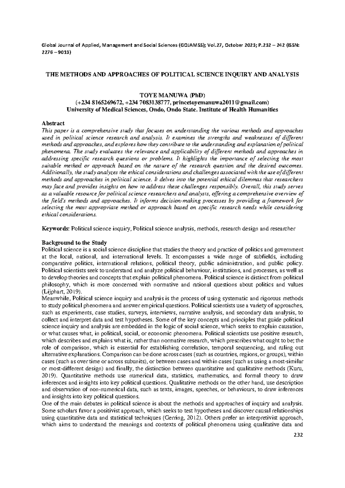 Methods and Approaches in Political Science Inquiry (POLS 101) - Studocu