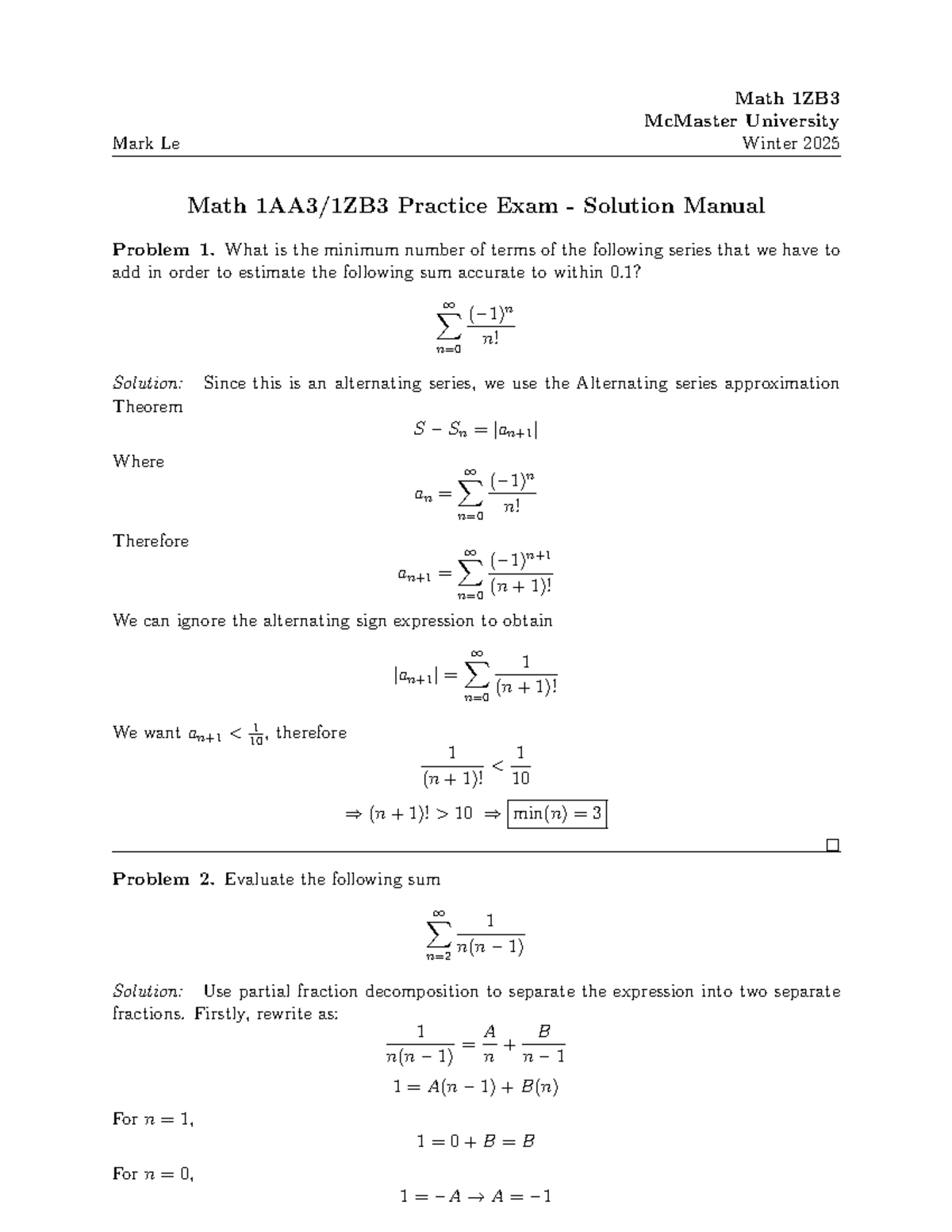 Math 1ZB3 McMaster University Winter 2025 Practice Exam Solutions - Studocu