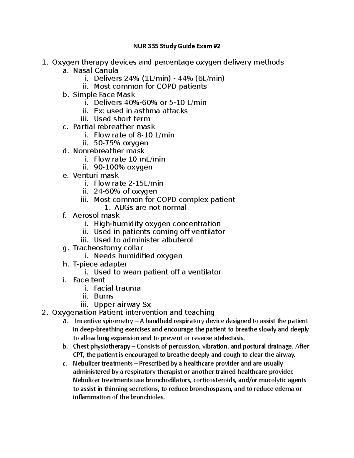 NUR 335 - Study Guide for Med Surg Exam 2: Oxygenation & Interventions ...
