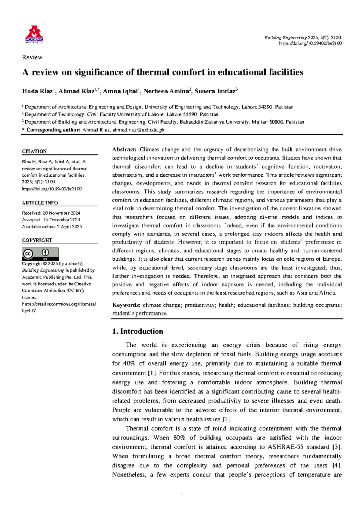 Building Engineering 2025, 3(2), 2100. Review: Thermal Comfort in ...