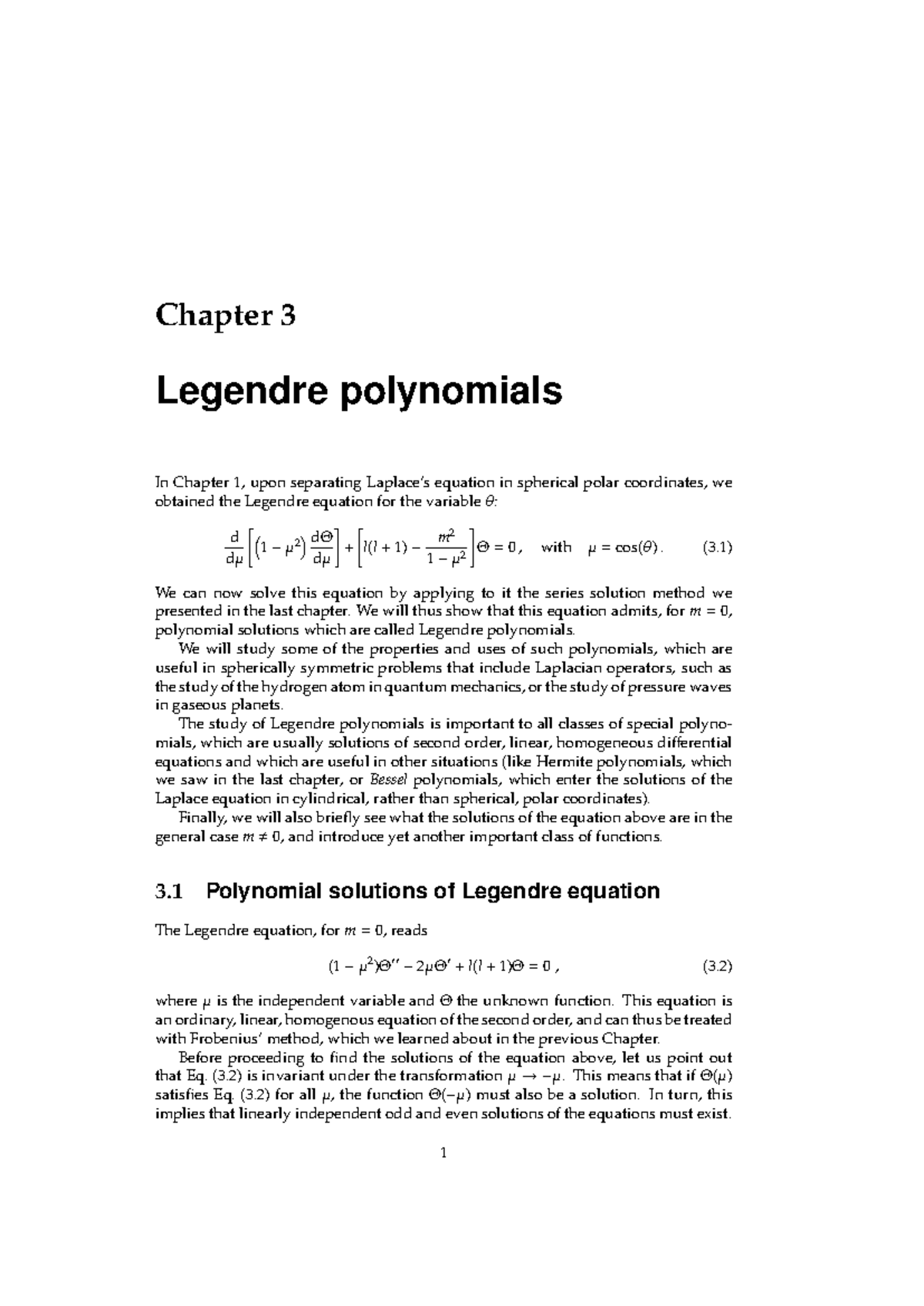 PHAS0025 Chapter 3 - Legendre Polynomials Lecture Notes - Studocu