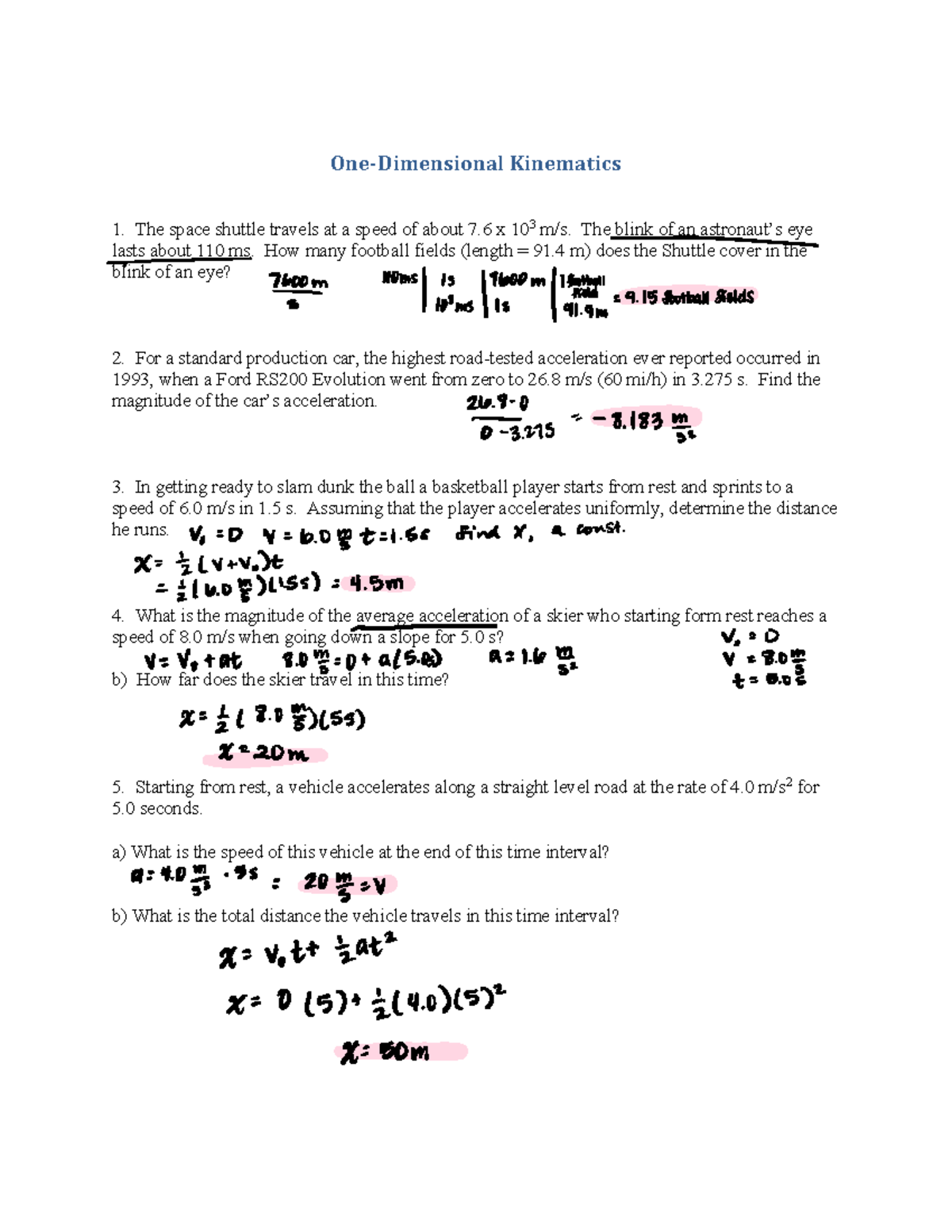 Phys I PS 2 One-Dimensional Kinematics - One-Dimensional