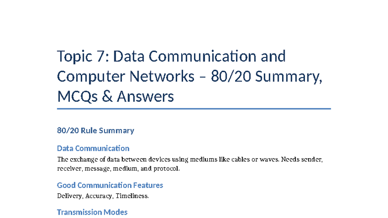 Topic 7: Data Communication & Computer Networks Summary and MCQs - Studocu