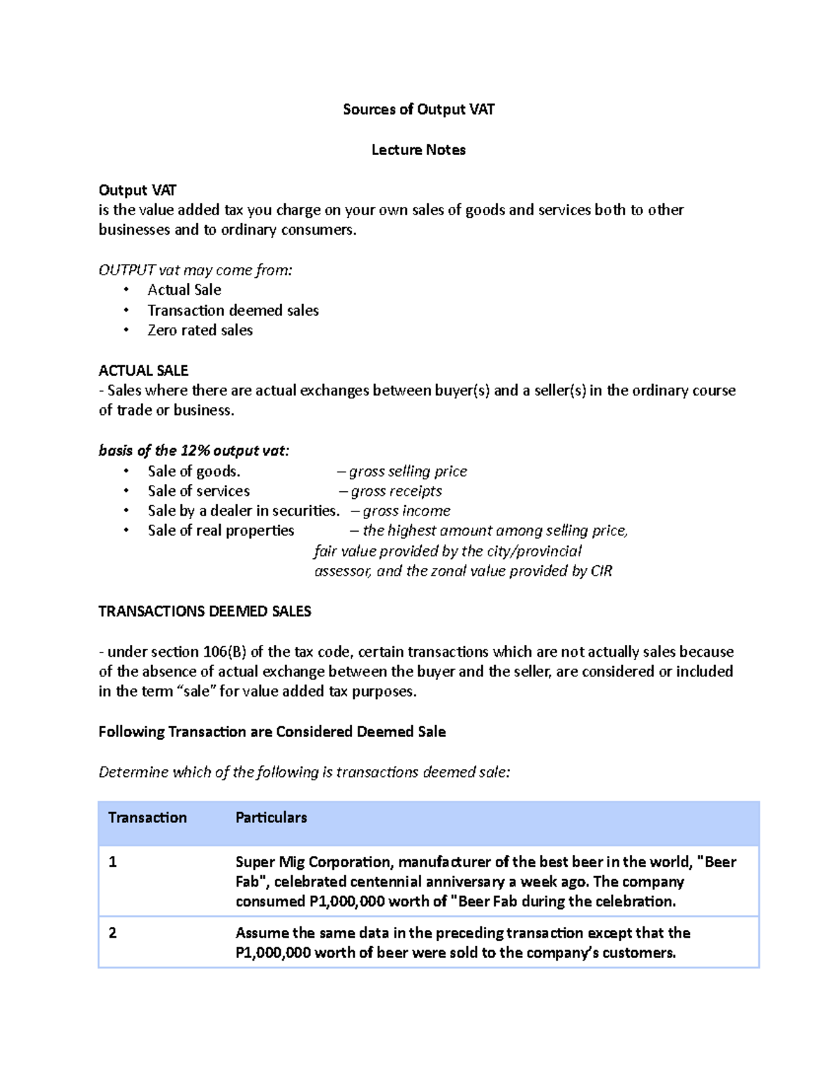Sources of Output VAT - Sources of Output VAT Lecture Notes Output VAT ...