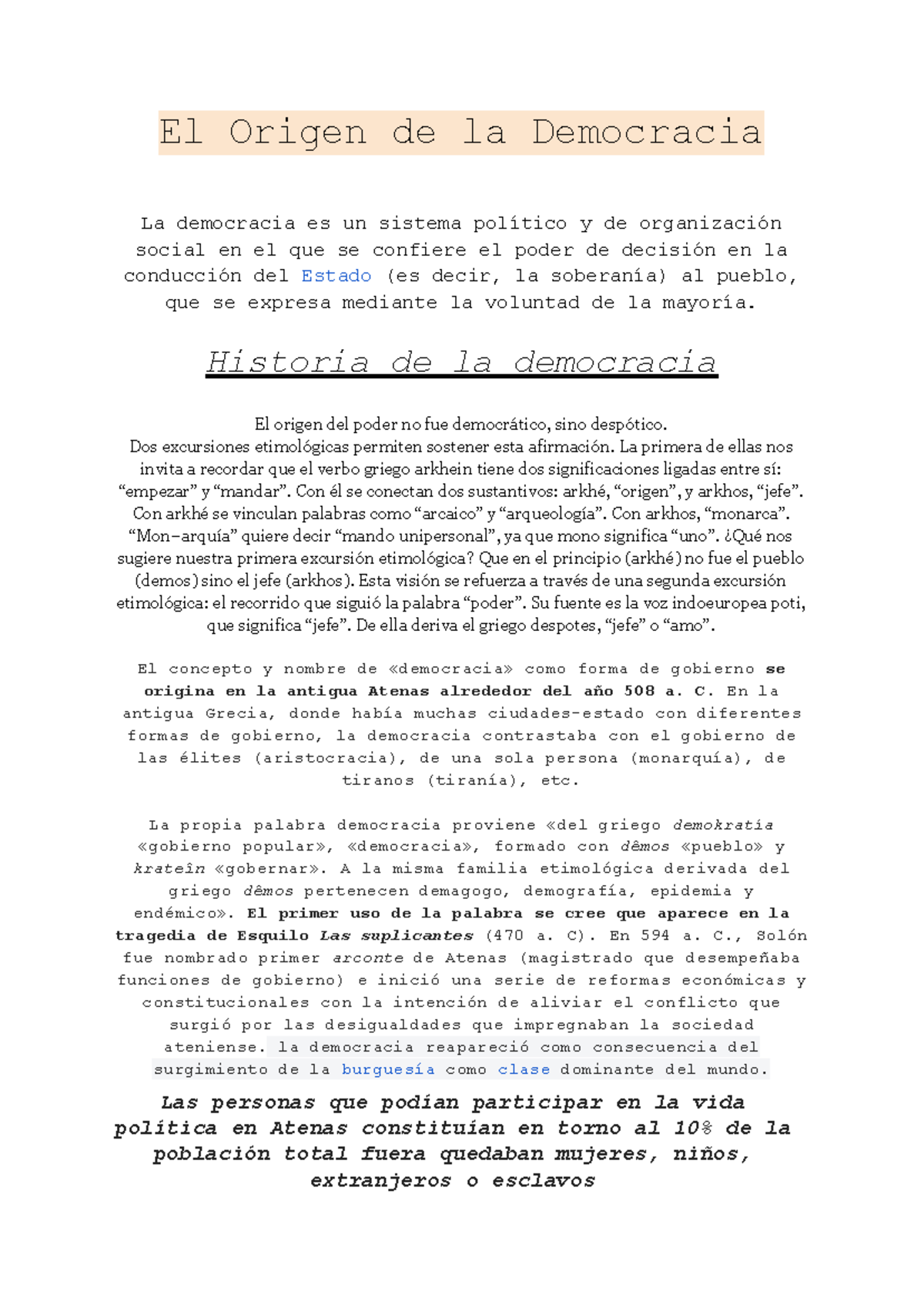 El Origen y Evolución de la Democracia: Un Análisis Histórico - Studocu
