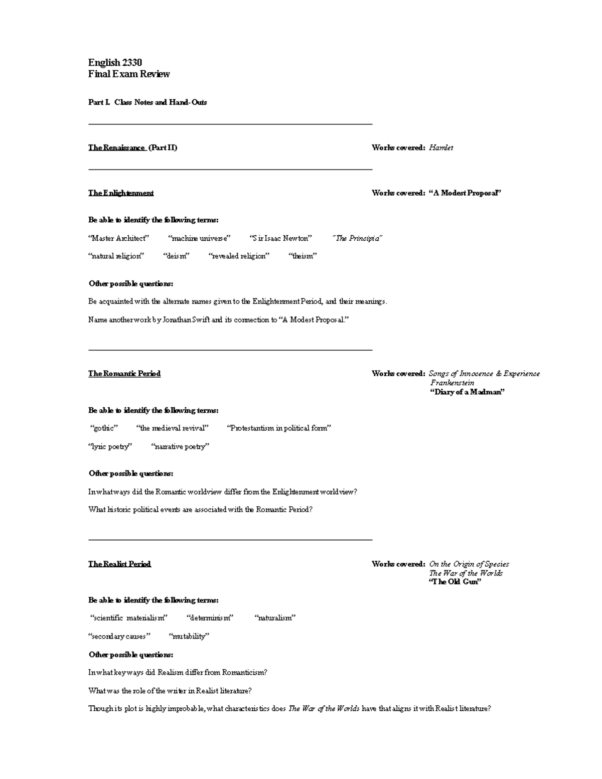 English 2330 Final Exam Review Study Guide: Key Terms & Concepts - Studocu