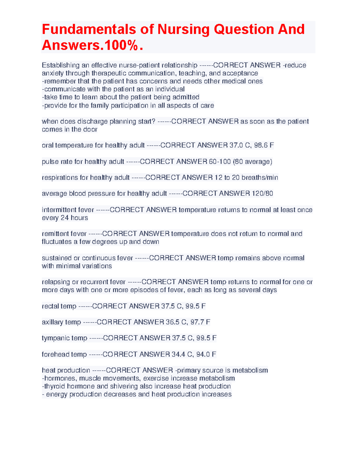 Fundamentals of Nursing-5: Key Q&A with Correct Answers - Studocu