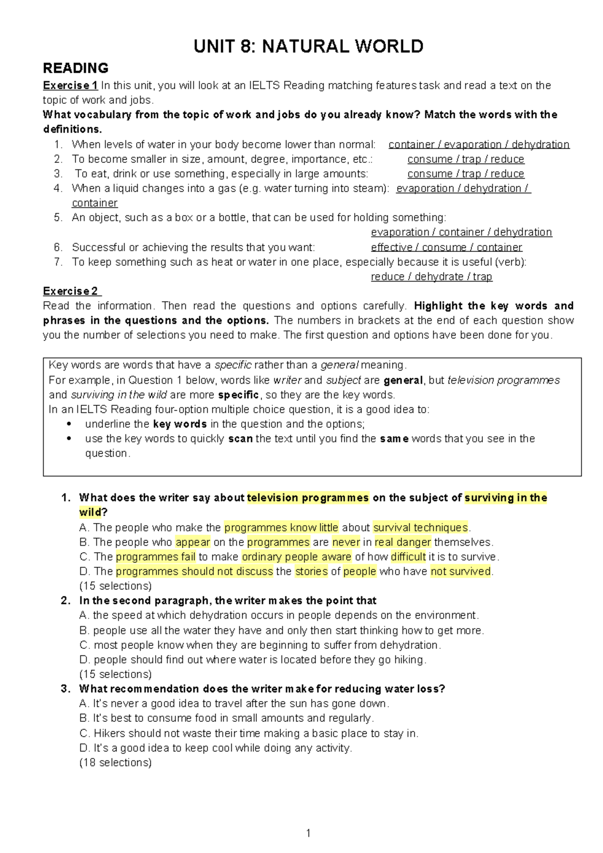 Unit 8 - Natural World: Reading, Vocabulary, Listening, Speaking ...
