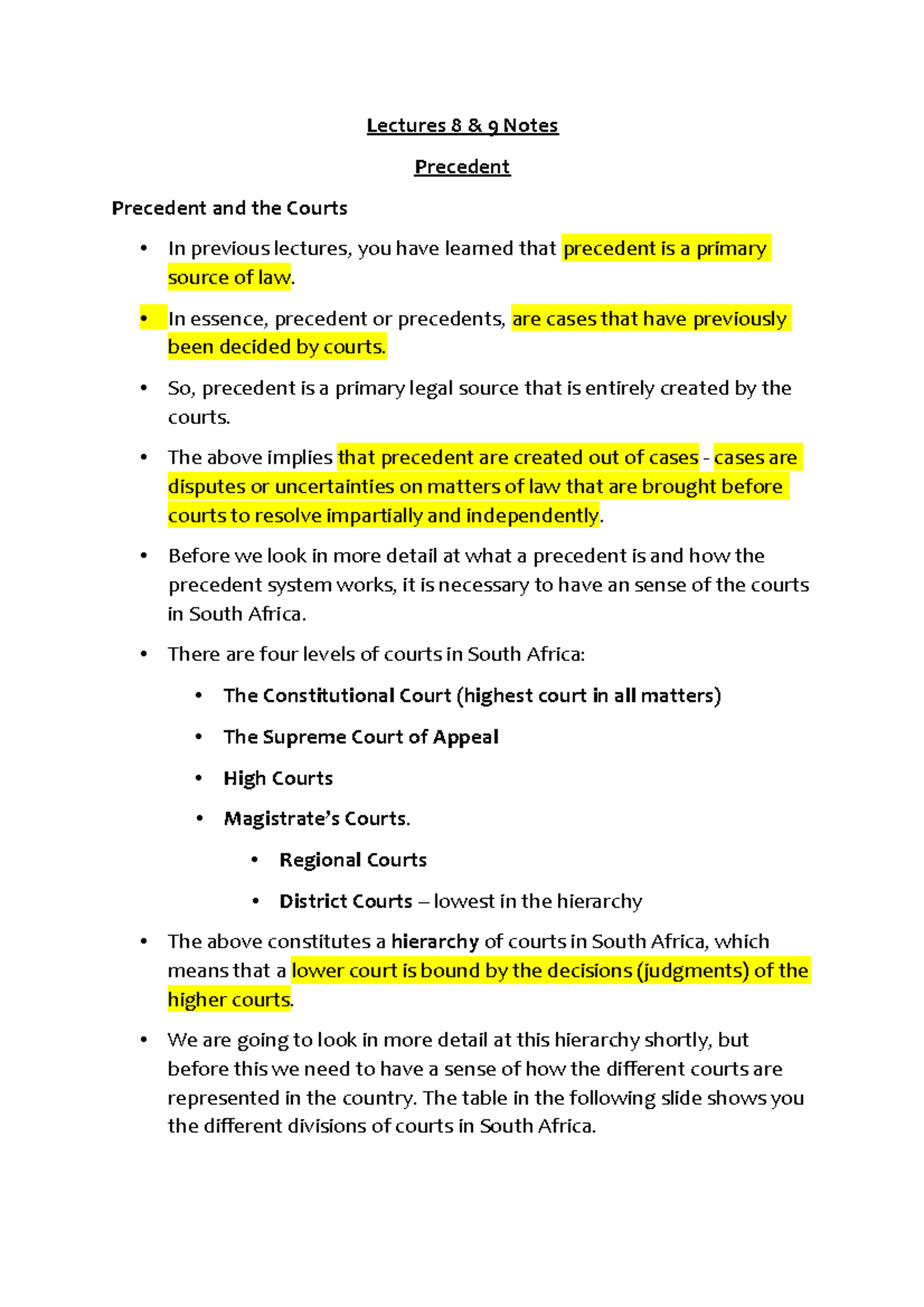 Lectures 8 & 9 Notes on Legal Precedent and Court Hierarchy - Studocu