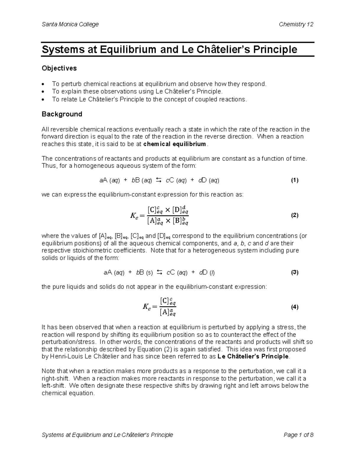 Santa Monica College Chemistry 12: Le Chatelier's Principle Lab ...