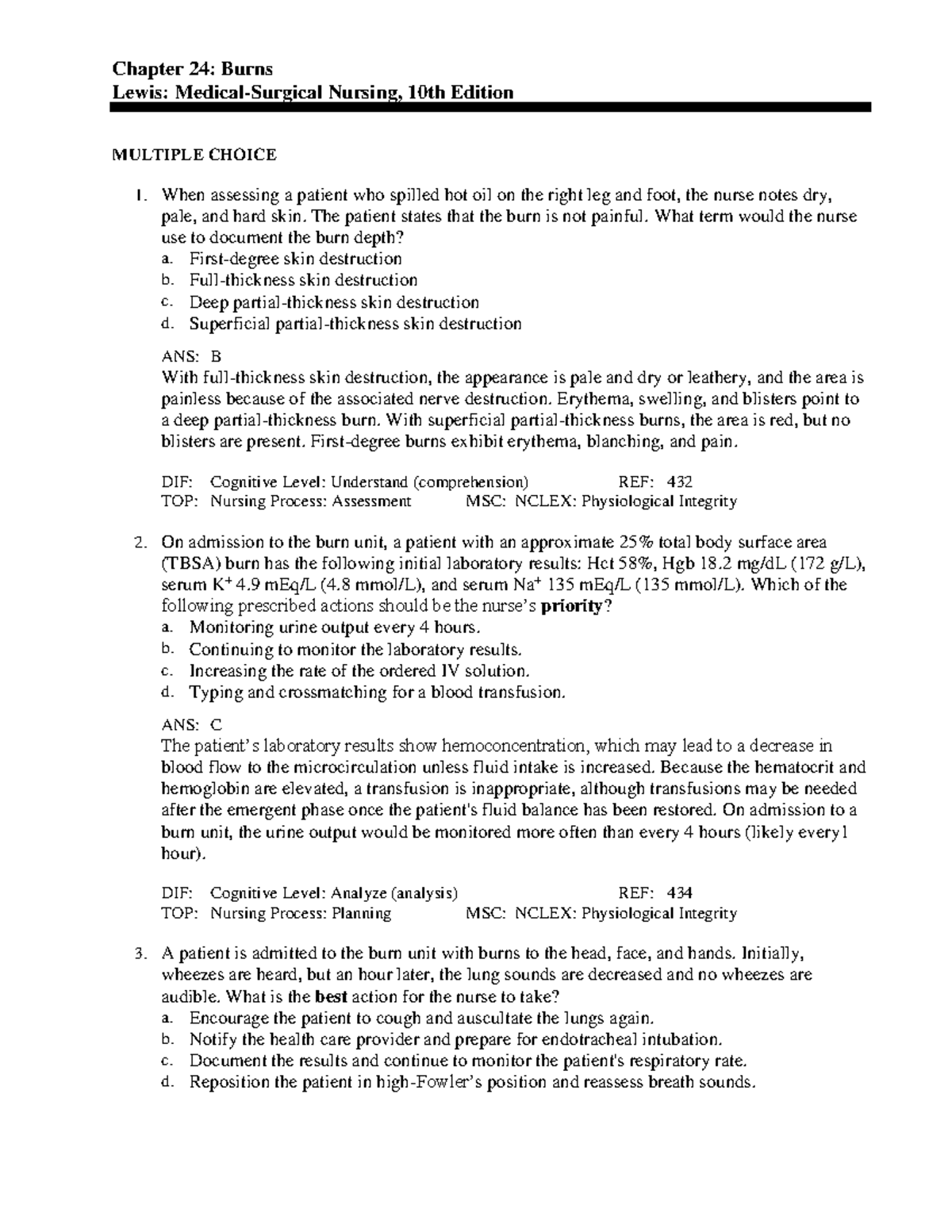 Chapter 24: Burns - Key Concepts and Practice Questions for NCLEX - Studocu