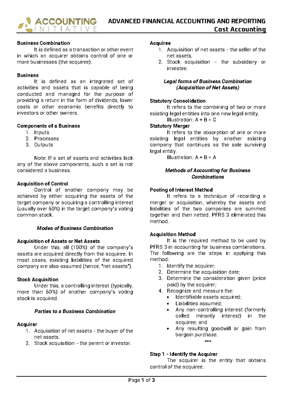 Advanced Accounting Notes: Business Combinations & PFRS 3 - Studocu