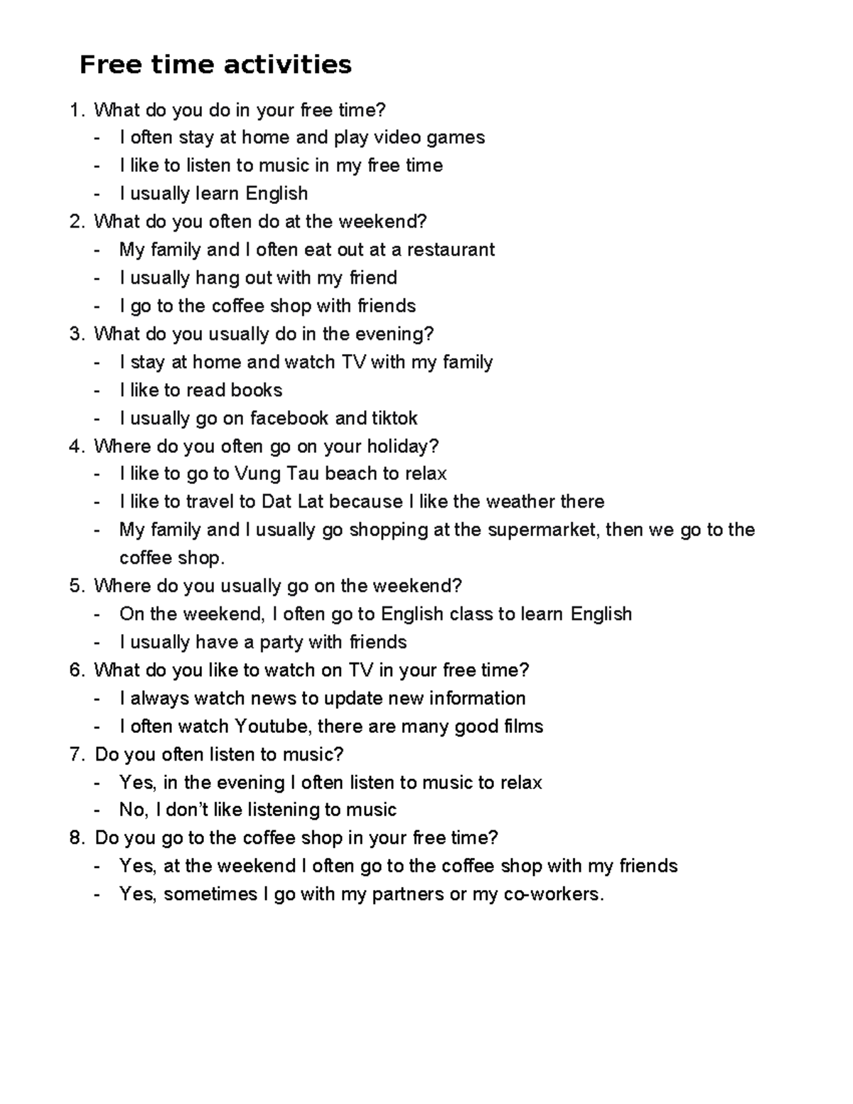 Free time activities - note - Free time activities 1. What do you do in ...