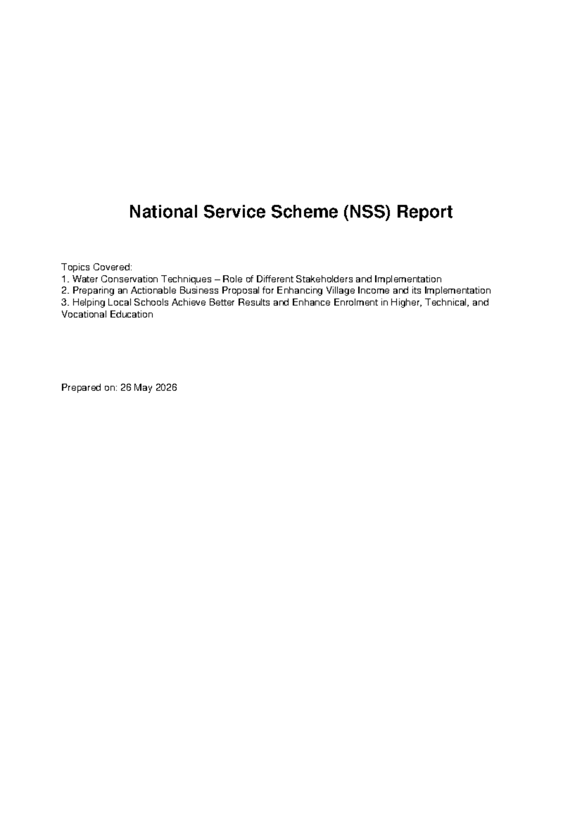 NSS Report: Water Conservation, Village Income & Education Strategies ...