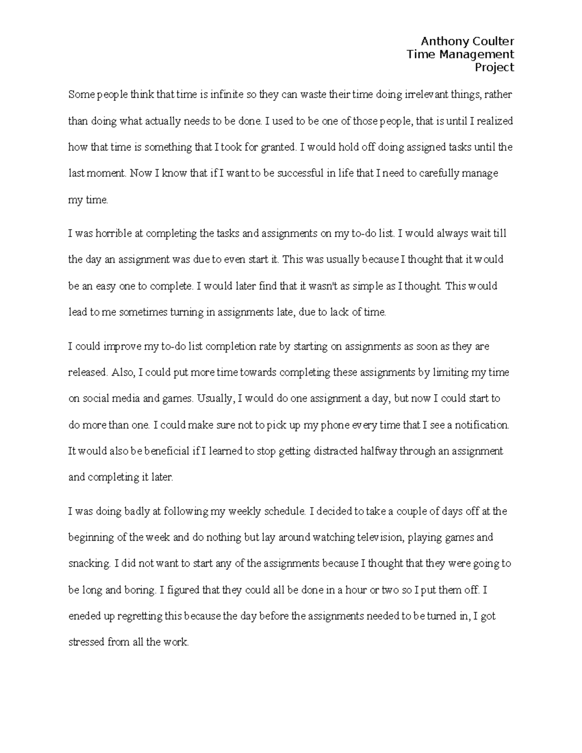 Time Management Response Paper - Anthony Coulter Time Management ...