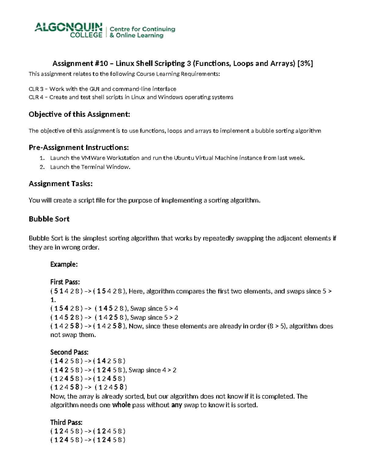 CST8102 Assignment 3: Bubble Sort with Functions, Loops & Arrays - Studocu