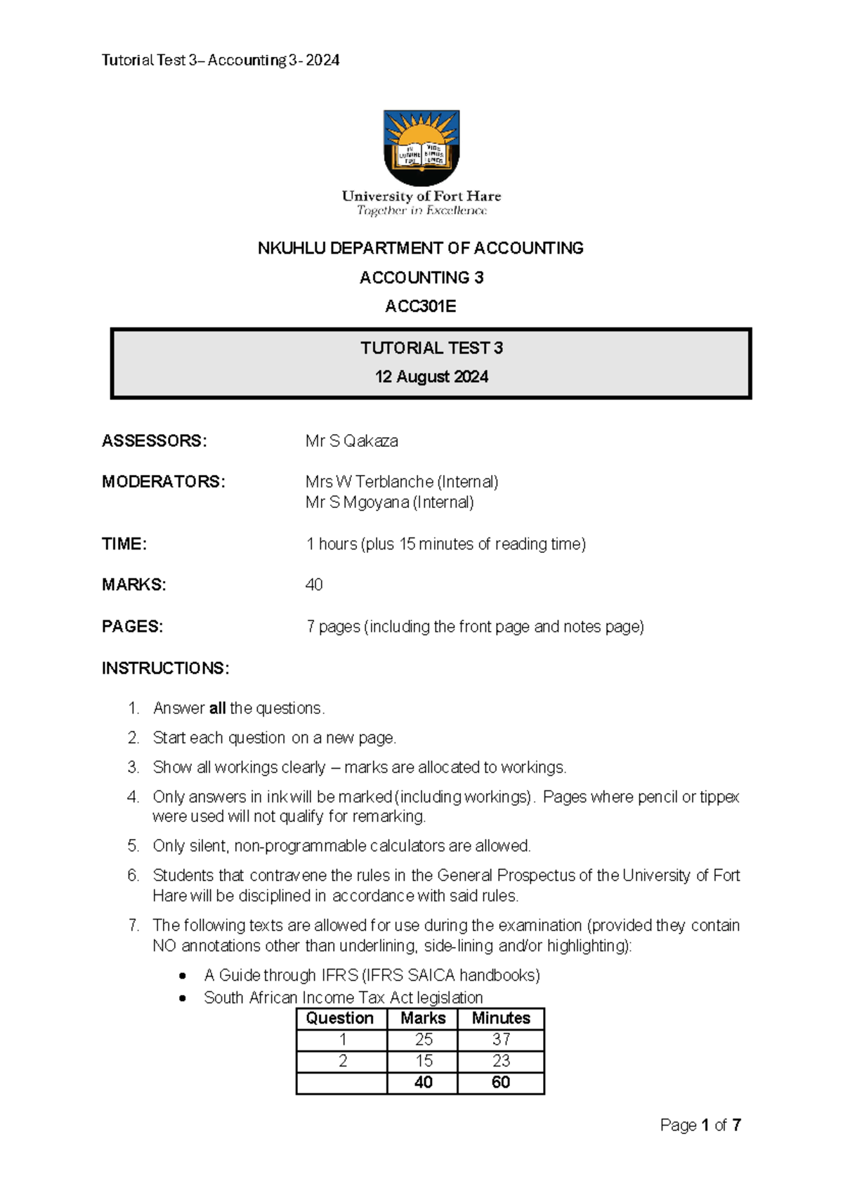 ACC301E Accounting TUT Test 3 - Final Exam Preparation Notes - Studocu