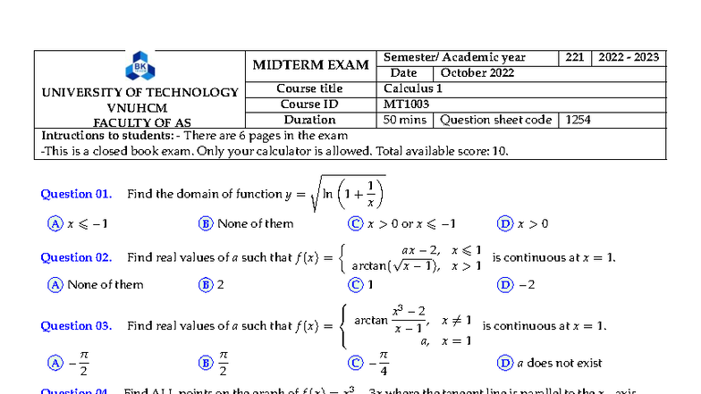 MIDTERM EXAM MT1003 - Calculus 1 October 2022 Question Sheet - Studocu