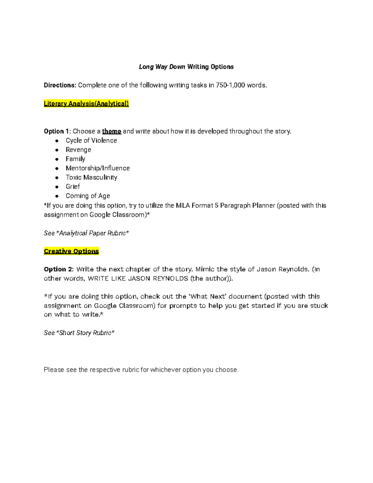 Honors ENG 10: LWD End of Novel Writing Options & Directions - Studocu