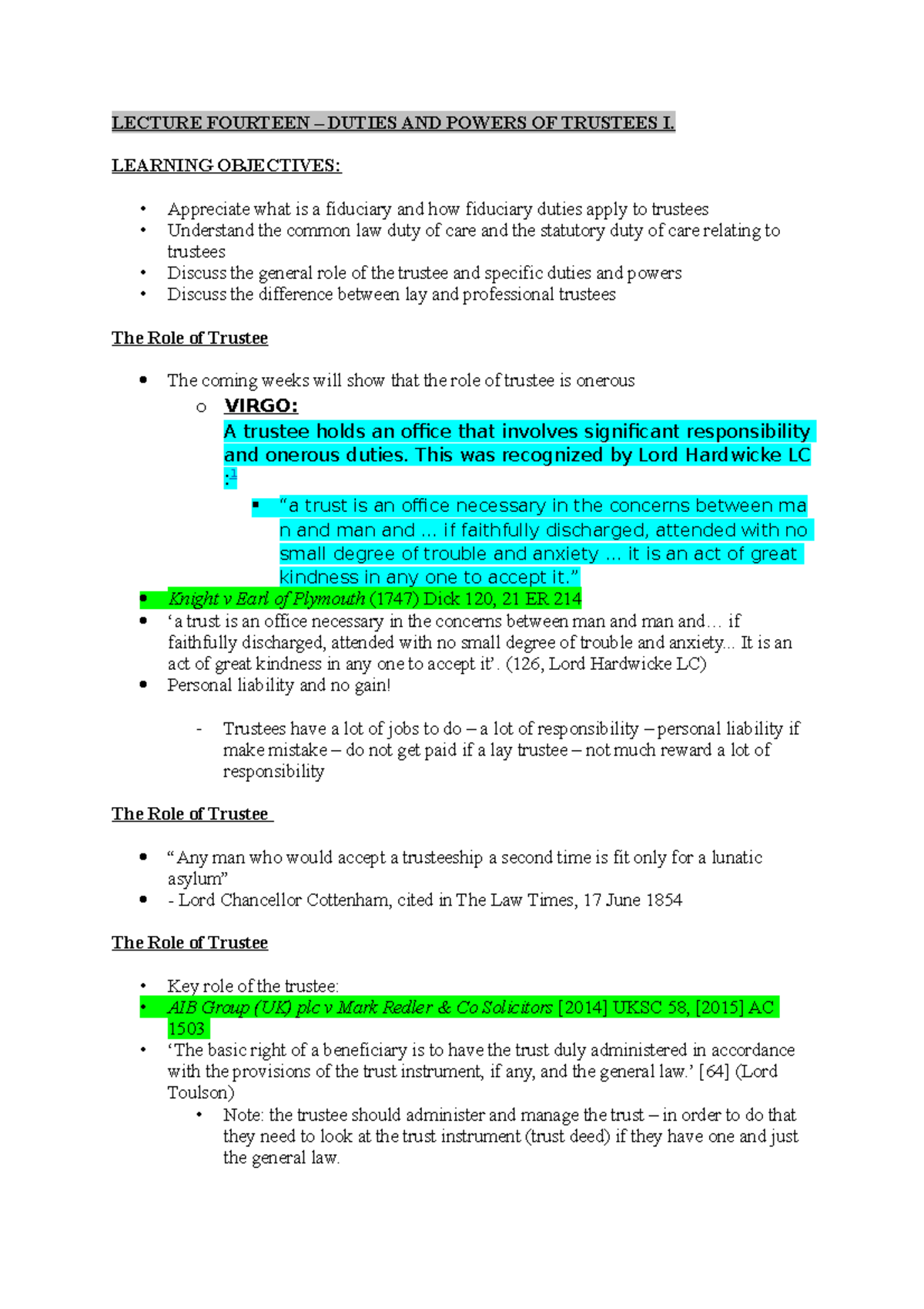 Trust Law: Duties and Powers of Trustees - Lecture 14 Insights - Studocu